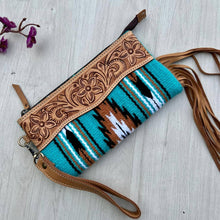 Load image into Gallery viewer, Turqouise Saddle Blanket Tassel Clutch with Tooled Leather