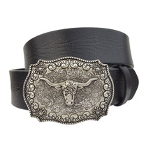 Load image into Gallery viewer, Genuine Leather belt with Antique Silver Long Horn
