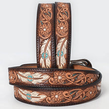 Load image into Gallery viewer, Tooled Leather Western Belt with White Feathers, Turquoise Accents & Floral Design