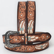 Load image into Gallery viewer, Tooled Leather Western Belt with White Feathers, Turquoise Accents & Floral Design