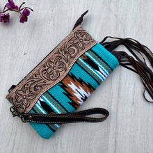 Load image into Gallery viewer, Turqouise Saddle Blanket Tassel Clutch with Tooled Leather