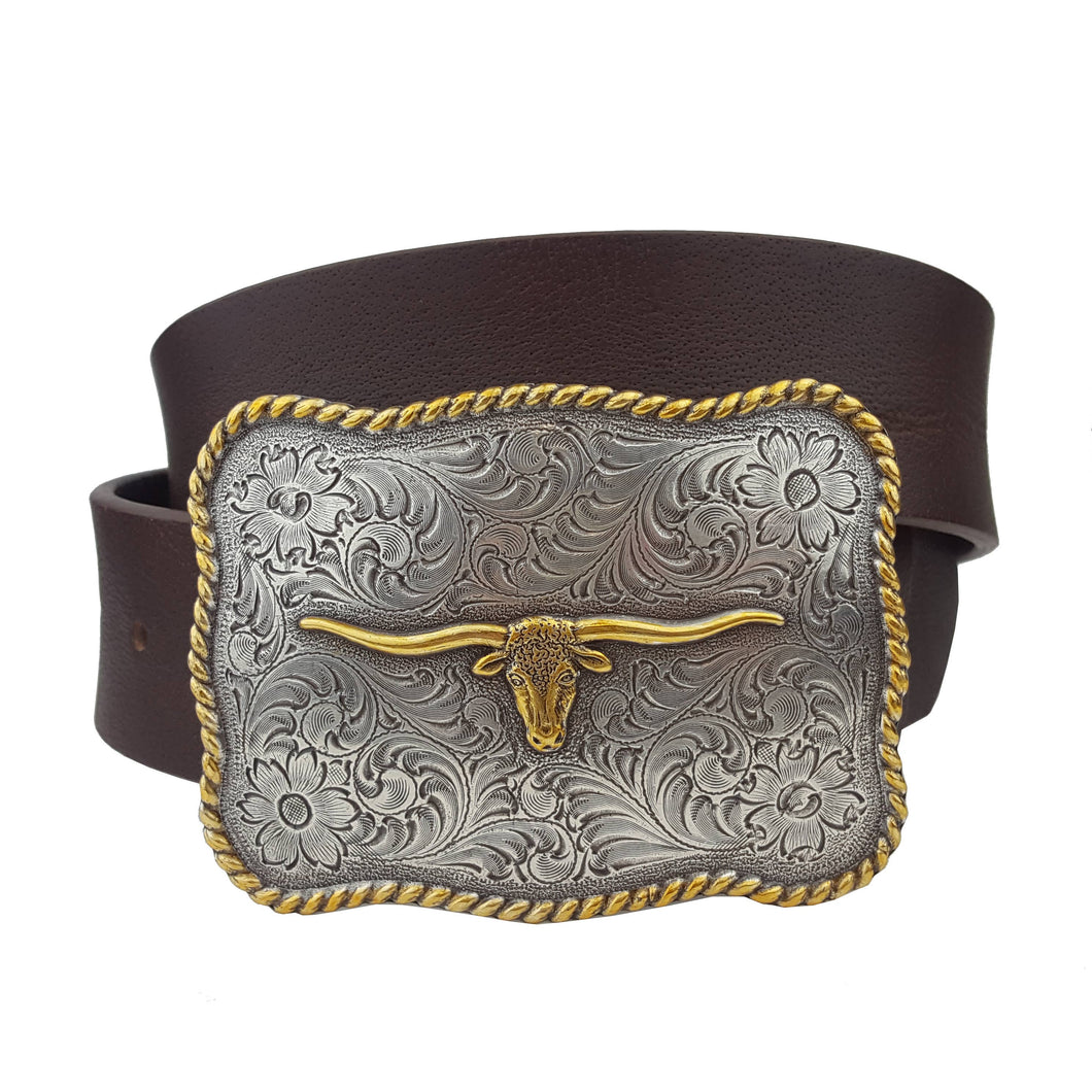 Genuine Leather belt with Long Horn Plaque Buckle