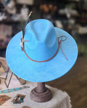 Load image into Gallery viewer, Blue Boho Western Hat w Feather Hat Band, White Turquoise Stone &amp; Leather Band
