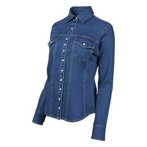  TuffRider Stone Washed Western Stretch Denim Shirt With Pearl Snaps
