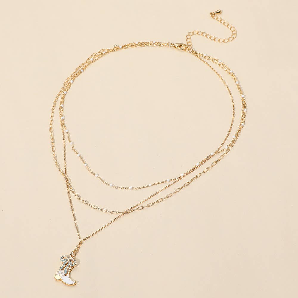 Enamel Bow Cowboy Boot Pendant Triple Layered Necklace