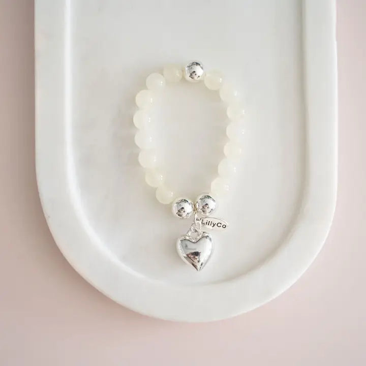 Silver Heart On Cream & Silver Bracelet