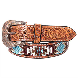 HILASON Hand Tooled/Beaded Leather Belt