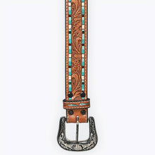 Load image into Gallery viewer, Tooled Leather Western Belt with Turquoise Mosaic Inlay &amp; Floral Tooling
