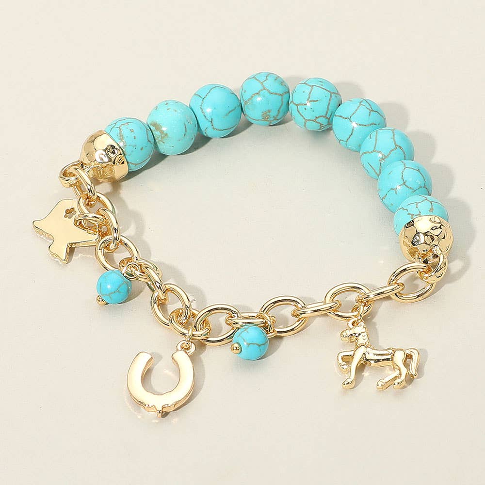 Western Turquoise Stone Beaded Stretch Bracelet with Charms