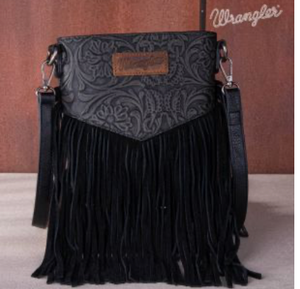 Wrangler Vintage Floral Embossed Fringe Crossbody-Black