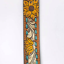 Load image into Gallery viewer, Sunflower Tooled Leather Belt with Teal Whipstitch and Silver Buckle
