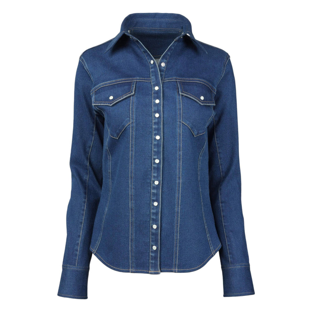  TuffRider Stone Washed Western Stretch Denim Shirt With Pearl Snaps