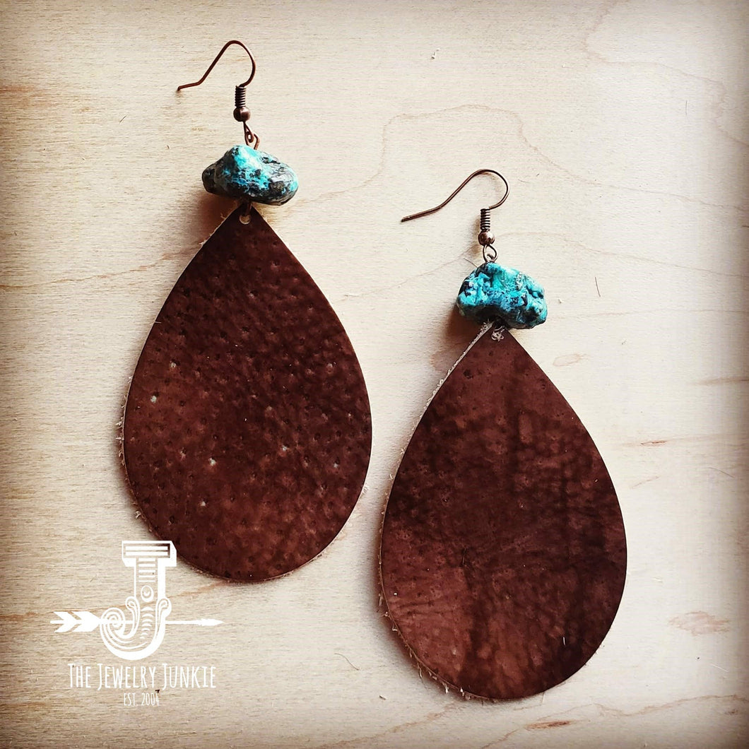 Leather Teardrop Earrings Brown w/ Natural Turquoise Chunk