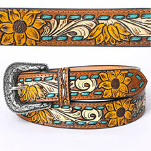 Load image into Gallery viewer, Sunflower Tooled Leather Belt with Teal Whipstitch and Silver Buckle
