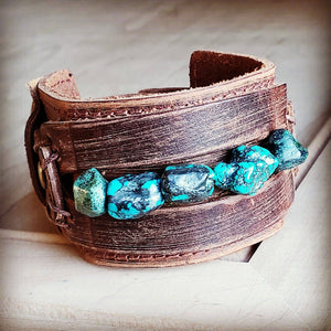 Dusty Leather Wide Cuff with African Turquoise Chunks