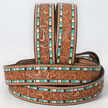Load image into Gallery viewer, Tooled Leather Western Belt with Turquoise Mosaic Inlay &amp; Floral Tooling
