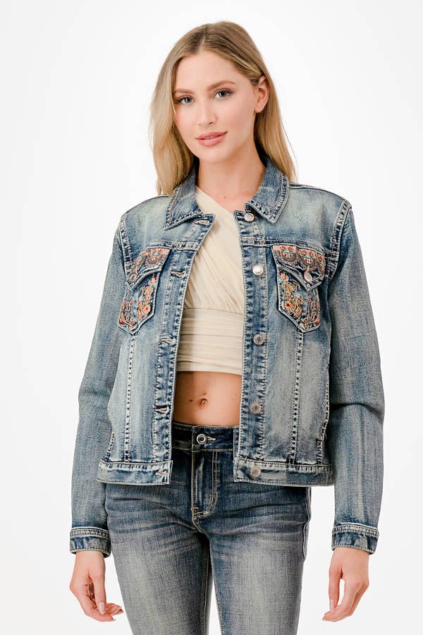 Floral Embroidery Detail Denim Jacket