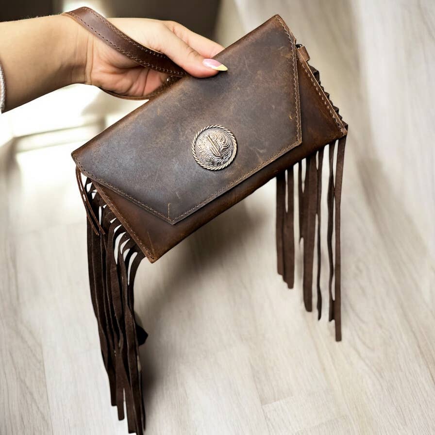 Brown leather wristlet 