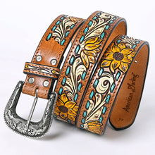 Load image into Gallery viewer, Sunflower Tooled Leather Belt with Teal Whipstitch and Silver Buckle
