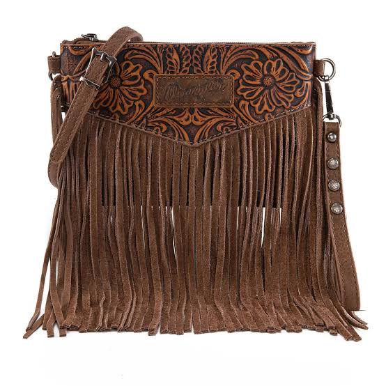 Wrangler Vintage Floral Embossed Fringe Crossbody-Brown