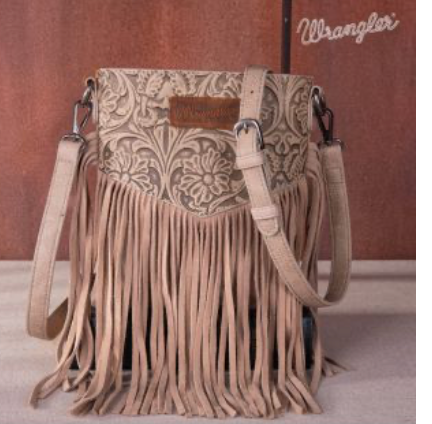 Wrangler Vintage Floral Embossed Fringe Crossbody-Beige