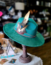 Load image into Gallery viewer, Green Boho Western Hat w Feather Hat Band, White Turquoise Stone &amp; Leather Band
