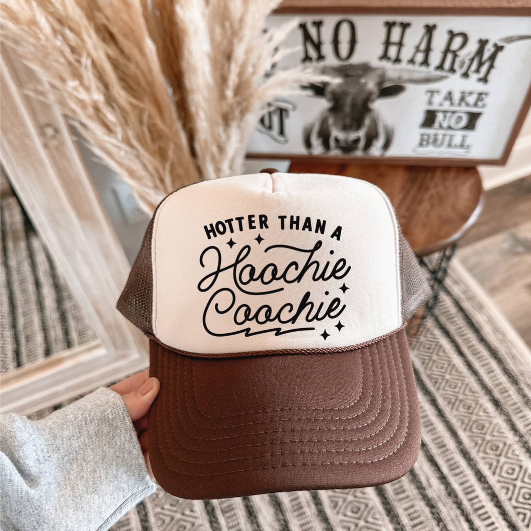 Hotter Than A Hoochie Coochie DTF Printed Brown and Tan Trucker Hat